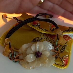 GORGEOUS Yellow Jade  Floral Bracelet on brown adjustable waxed cord